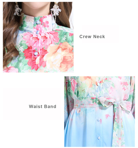 Đầm midi xếp ly cổ tròn tay phồng kiểu vintage mùa thu xuân dành cho nữ, có dây buộc eo, họa tiết in - Product Image 3