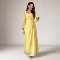 Robe longue élégante et romantique pour femme, en mousseline de soie unie, col carré, coupe trapèze, taille naturelle, froncée, avec empiècements en maille et manches lanternes