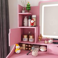 Tabouret de coiffeuse en bois éclairé couleur rose, durable et moderne, pour chambre à coucher et salon, avec 2 tiroirs et 5 armoires de rangement