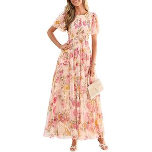Robe longue florale en tulle FOXA pour femme, col rond, manches courtes, coupe trapèze, taille empire, idéale pour mariage, invitées, plage, soirée romantique d'été - Product Image 1