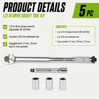 Jeu de clés dynamométriques pour écrous de roue automobile, 5 pièces, 28-210 Nm, entraînement 1/2, douilles 17, 19, 21 mm, kit d'outils de réparation automobile