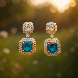 Orecchini pendenti classici dorati con zircone blu e diamanti taglio brillante rotondo per gioielli da festa da donna - Product Image 2