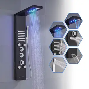 Panel de ducha de acero inoxidable con luces Led, sistema de masaje, columna de ducha, cascada, lluvia