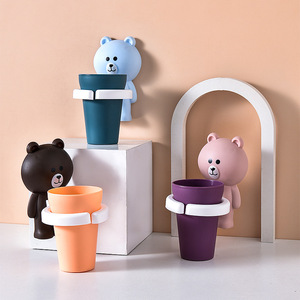 Y Bear Toothbrush Holder Set <b>Plastic</b> Cartoon <b>Animal</b> Design For Kids 2-4 Years Wall Mounted Mouthwash Cup With Bear Shape - Product Image 1