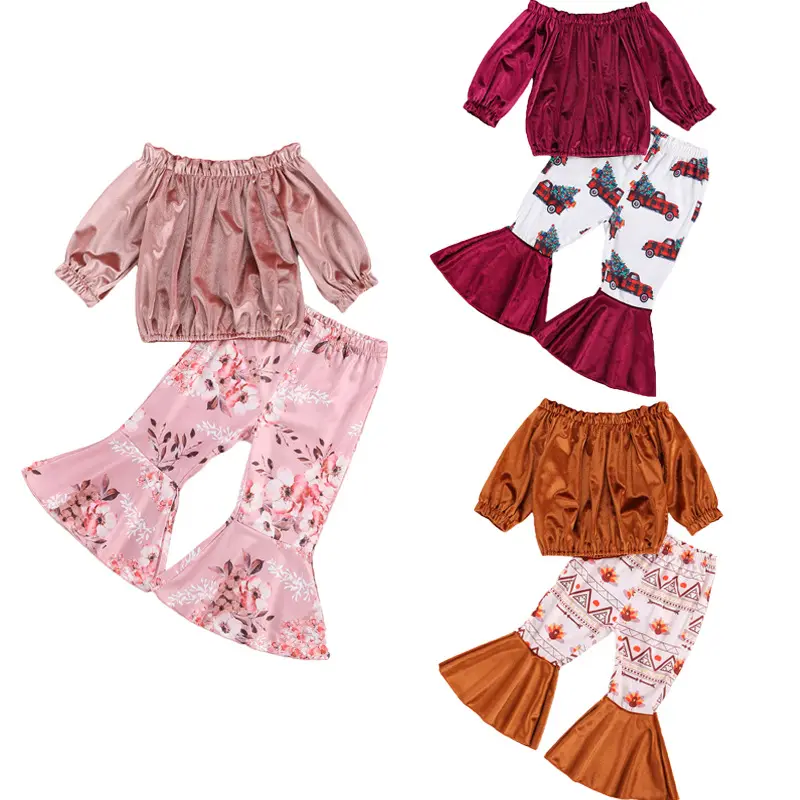 2020 new kids clothing sets solid top and printed flare pants baby clothes toddler girls outfits Thanksgiving Day Christmas