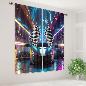 <span class=keywords><strong>Rideaux</strong></span> pour <span class=keywords><strong>Chambre</strong></span> de Garçon, à Passe-Tringle, Motif Voiture de Course <span class=keywords><strong>Moderne</strong></span>, Néon, Carreaux, Drapeau, pour Enfants, Garçons, Hommes et Adolescents, Lot de 2 Panneaux - Product Image 4