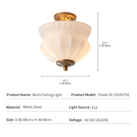 Plafonnier Vintage Rétro Crème Français, Lampe d'Entrée et de Balcon en Laiton Métallique avec Verre Dépoli Côtelé, Luminaire Plafonnier Marlo