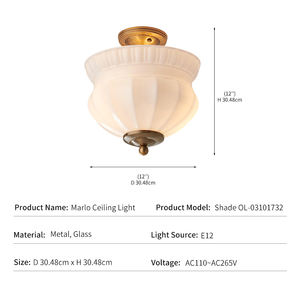 Plafonnier Vintage Rétro Crème Français, Lampe d'Entrée et de Balcon en Laiton Métallique avec <span class=keywords><strong>Verre</strong></span> Dépoli Côtelé, Luminaire Plafonnier Marlo - Product Image 4