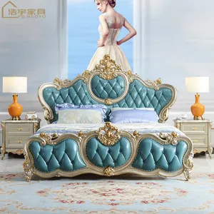الأثاث والجلود الأزرق مجموعة أثاث غرف النوم ، سرير خشبي غرفة الفاخرة الكبار الأوروبية البلوط المنزل الأثاث ، الأثاث المنزلي تركيا