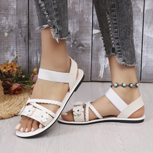 Women Flower Braided Flat <b>Sandals</b> <b>Elastic</b> Ankle Strap Open Toe Summer Casual Beach Ladies Flat Shoes - Product Image 4