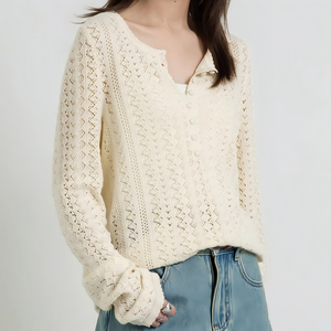 Suéter de Punto Personalizado de Fábrica, Estilo Casual Clásico para Mujer, Cuello Henry, Tejido Ondulado, 100% Algodón Transpirable, Primavera-Otoño - Product Image 5