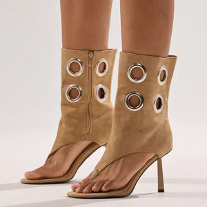 Botines de Tacón Alto con Punta Abierta y Agujeros Circulares de Metal para Mujer, Botines Cortos de Ante Sexys con Tacón Delgado - Product Image 2