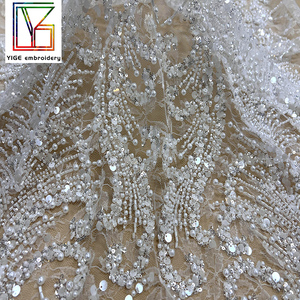 Sang trọng Handmade Đính cườm ngọc trai với sequin <span class=keywords><strong>Net</strong></span> ren vải chất lượng cao phi Bead Sequins vải tuyn Trắng Wedding Dress ren vải - Product Image 2