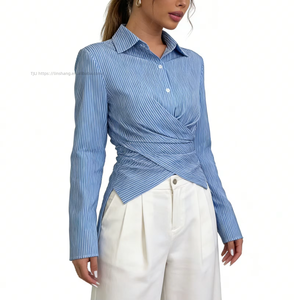 Women's Striped Wrap Front Blouse Long Sleeve Collared Shirt With Back Tie Detail Casual Office <b>Top</b> Fashion - Product Image 6
