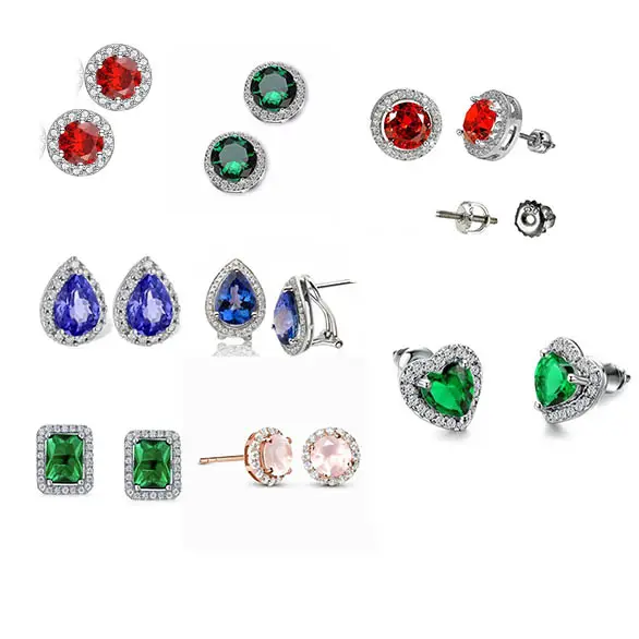 Customize Round Cut Cubic Zirconia Cz Earrings Collection 925 Silver Red Garnet Stud Halo Single Stone Earrings Wholesale