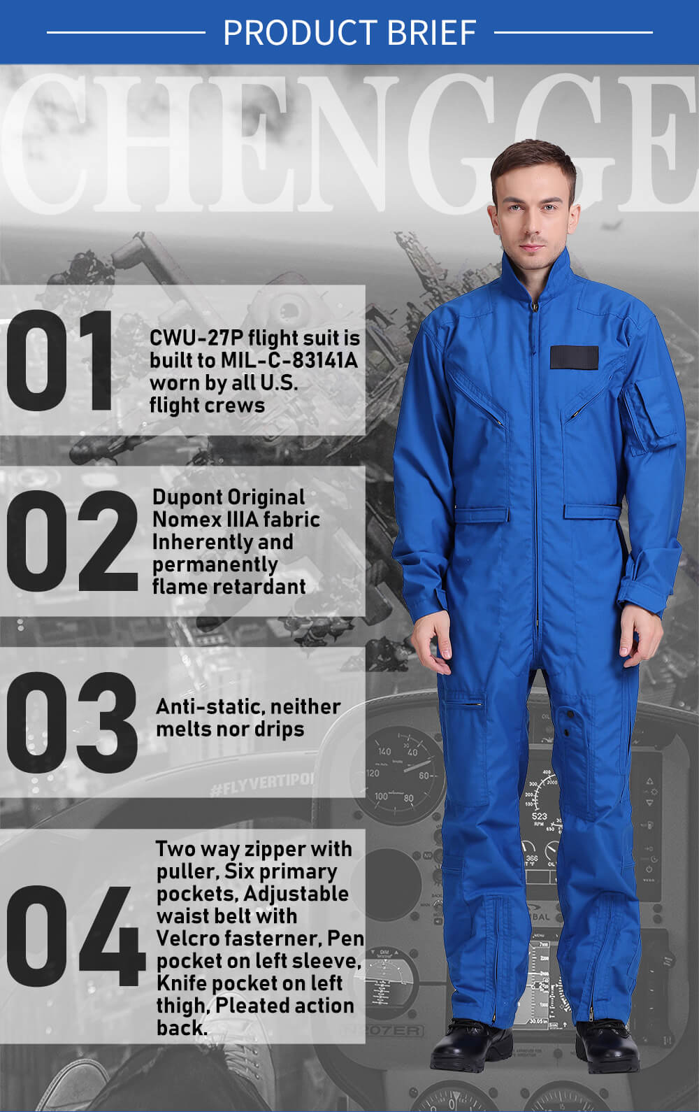 Men Blue Nomex Pilot Flight Suit - Fire Retardant & Stylish