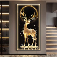 Lienzo Moderno con Arte Digital Feng Shui de Ciervo Dorado en Acuarela, Retroiluminado por LED, Ecológico, Impermeable y Decorativo