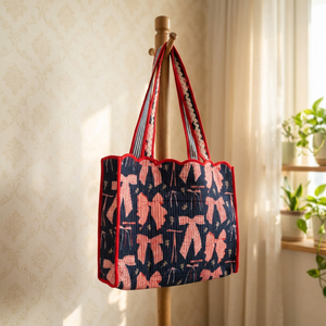 3 Piece Quilted Bow Print Tote Bag Set with Cosmetic Pouch and Round Mat, Reusable Cotton Fabric <b>Gift</b> Set - Product Image 4