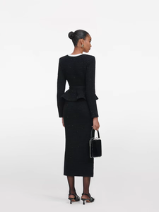 A11264 Completo da Donna in <span class=keywords><strong>Tweed</strong></span> Nero: Giacca Peplum con Ricami Bianchi e Gonna Midi - Elegante Outfit Formale per Ufficio/Cocktail - Product Image 2