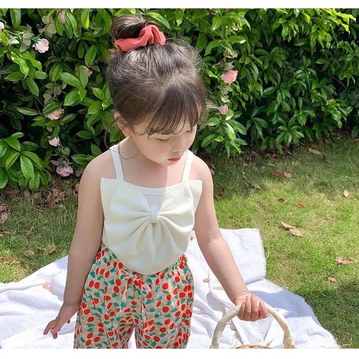 ホット販売夏服ビッグボウ子供トップスブランクガール編み物ベスト2-7年キッズタンクトップ販売美容ボディスーツ