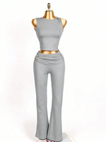 Viviblook Z304ST03 Conjunto de Dos Piezas para Mujer, Verano, Color Sólido, Bordado, Top Corto sin Mangas, Pantalones Acampanados, Casual, Talla Grande