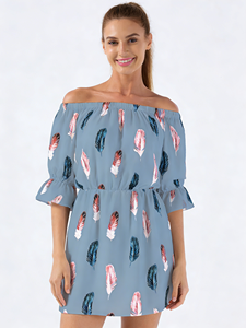 Robe Courte Femme Imprimé Plumes Épaules Dénudées Coupe Évasée Manches Élastiques Taille Naturelle Décontractée Été Plage Quotidienne Lavable - Product Image 4