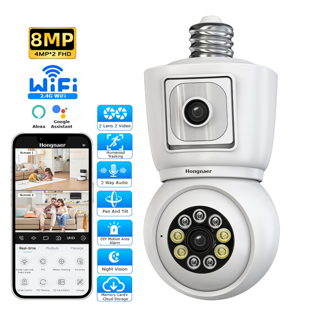 Hongnaer ICSee 4/8MP 4K E27 Light Bulb Smart Security CCTV WiFi Bulb Camera With Dual Lens 360 Degree for Indoor Home and Shop