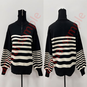 Maglione da <span class=keywords><strong>Donna</strong></span> Lavorato a Maglia con Mezza Zip, <span class=keywords><strong>Collo</strong></span> <span class=keywords><strong>Alto</strong></span>, Nero con Strisce Crema, Spalle Cadenti, Maniche a Palloncino, Pullover Invernale - Product Image 5
