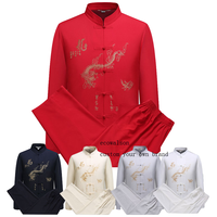 Setelan Baju Tradisional Pria Cina, Lengan Panjang Celana Panjang, Bahan Sutra Berkualitas Tinggi, Baju Wu Shu Tai Chi Kerah Tegak