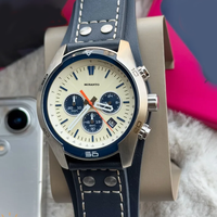 Montre à quartz pour homme style pilote, cadran crème, chronographe, bracelet en cuir de vachette marine, lunette tachymètre, montre-bracelet quotidienne pour homme d'affaires