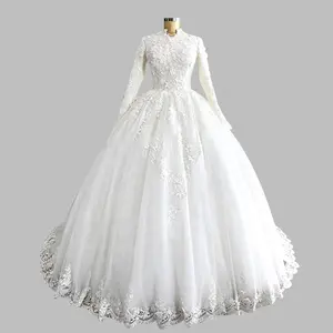 Muslim Beading Long Sleeve 3D Flower Lace Ball Gown Wedding Dress