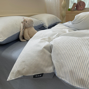 Parure de lit quatre pièces en coton style nordique, motif rayé simple, <span class=keywords><strong>housse</strong></span> de couette et drap pour dortoir universitaire, protège-<span class=keywords><strong>matelas</strong></span> - Product Image 5