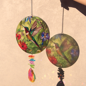 Stained Glass Art Deco Sun Catcher Round Hummingbird Design with Crystal Drops-Elegant Hanging Ornament for Home Garden - Product Image 1