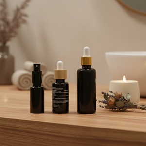 Empty Skincare Packaging Silk-screen logo Black UV protection Violet Glass Essential Oil <b>Bottle</b> with Bamboo <b>Dropper</b> Cap - Product Image 1