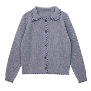 Dalang Sweater Factory Women's <b>Cardigan</b> Loose Fit Single Breasted Full Sleeve Knit Top Autumn Color Block Style - Product Image 1