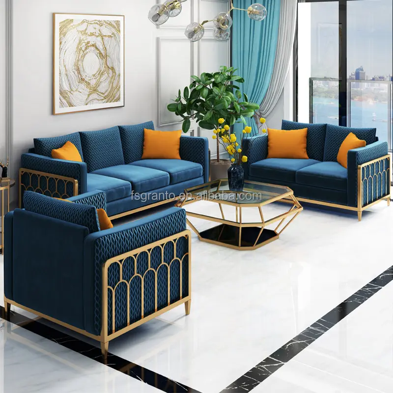 Golden Stainless Steel Furniture Living Room Sofa Velvet Fabric Sectional Sofa Chair Set