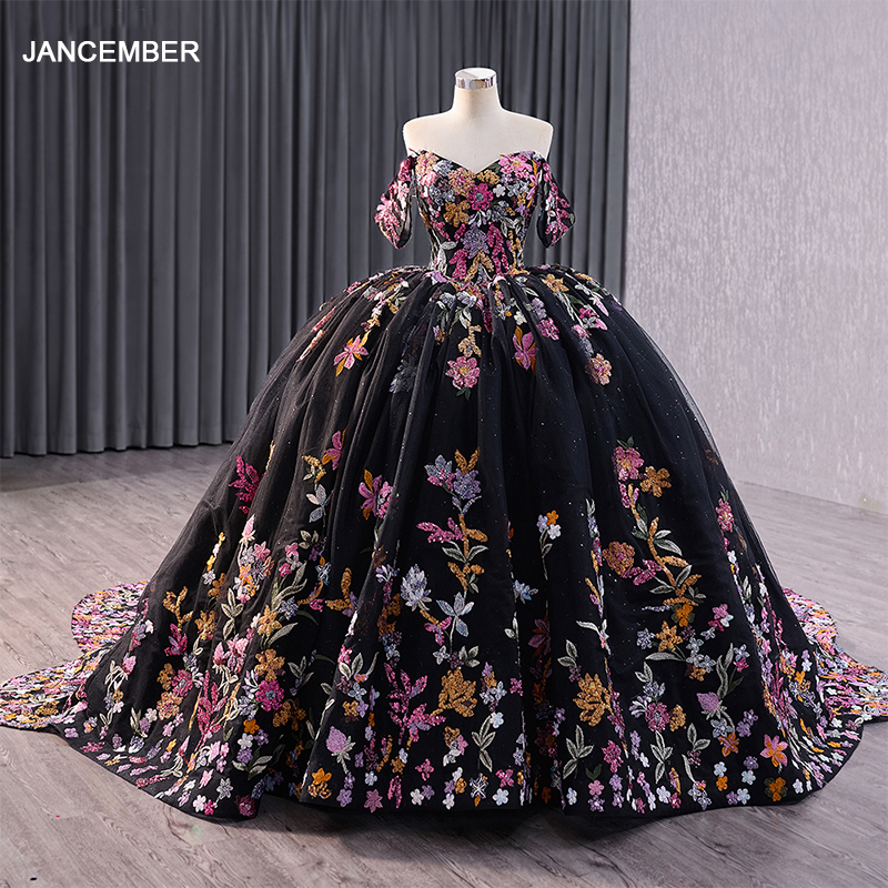 Sweet 16 Black Quince Dress With Flowers Size 16 Black Lace Dress Elegant  Quinceanera Gown