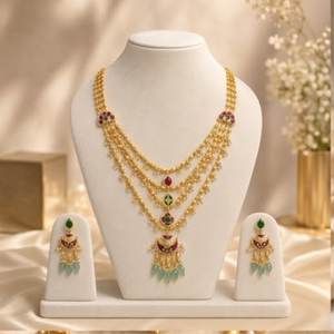 Gold Layered <b>Necklace</b> and Earring Set <b>Ruby</b> Emerald Stone Accents Freshwater Pearl Bridal Jewelry for Wedding Party - Product Image 3