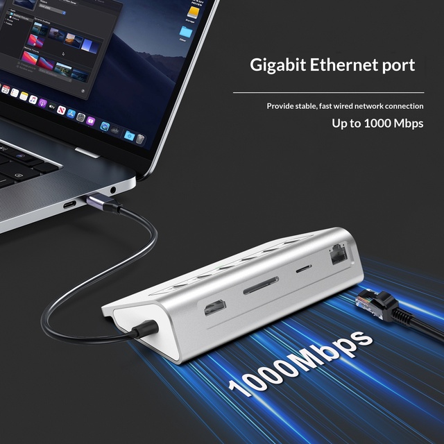 Factory Custom 10-in-1 USB-C Aluminum Alloy Docking Station 4K for Gigabit Ethernet SD TF 18W PD Charging in Stock