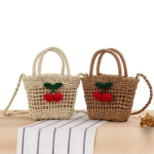 Trendy Fashion 2023 Kids lady shoulder bag rattan weave tote cherry purse for little girl straw beach woman bag