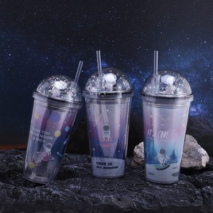 Zhen Ai Plastic Straw Cup Starry Sky Astronaut Design Double Layer Bpa Free For Summer Iced Drinks Travel Gift - Product Image 1