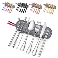 Ensemble de couverts en acier inoxydable portable et léger avec sac, couteau, cuillère et fourchette, vente en gros d'usine