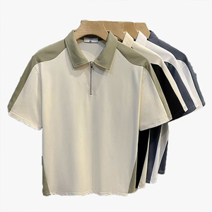 Camiseta de Manga Corta con Cierre de Media Cremallera, Estilo Color Block, Holgada, Informal, para Hombre, Estilo Británico, Verano - Product Image 1