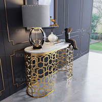 Table console moderne de luxe en acier inoxydable doré avec plateau en faux marbre pour la maison, la villa, l'hôtel, l'entrée, le couloir, le salon