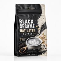 Sachet à fond plat personnalisé pour café au lait d'avoine et sésame noir avec valve pour l'emballage de café aromatisé de qualité supérieure