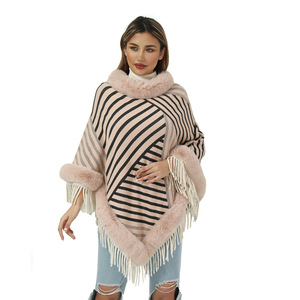 Pull en acrylique à col fourré, tricoté, chaud, coupe-vent, à rayures, avec franges, châle, cape, veste pour <span class=keywords><strong>femme</strong></span> - Product Image 1