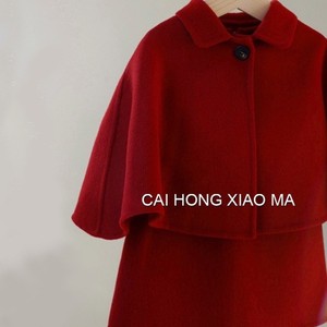 Cai Hong Xiao Ma Girls <b>Red</b> Woolen Dress Set With Cape And <b>Bow</b> Winter Outfit For New Year Solid Color Thickening Cotton Material - Product Image 4