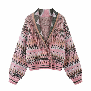 OEM <span class=keywords><strong>Manteau</strong></span> pull-over enveloppant à col châle en <span class=keywords><strong>laine</strong></span> avec pompon design aztèque Cardigan vintage ample Pull en tricot pour femmes - Product Image 1