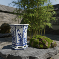 Pot de fleurs hexagonal bleu et blanc de Jingdezhen avec plateau, motif floral et d'oiseaux, pot en céramique antique pour orchidées et bonsaïs