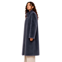 Damen Staubblauer Kunstpelz Langer Mantel Stehkragen Strass-Blumenknopf Loser Maxi-Wintermantel Luxuriöse Oberbekleidung Akzeptiert Kleine Mindestbestellmenge